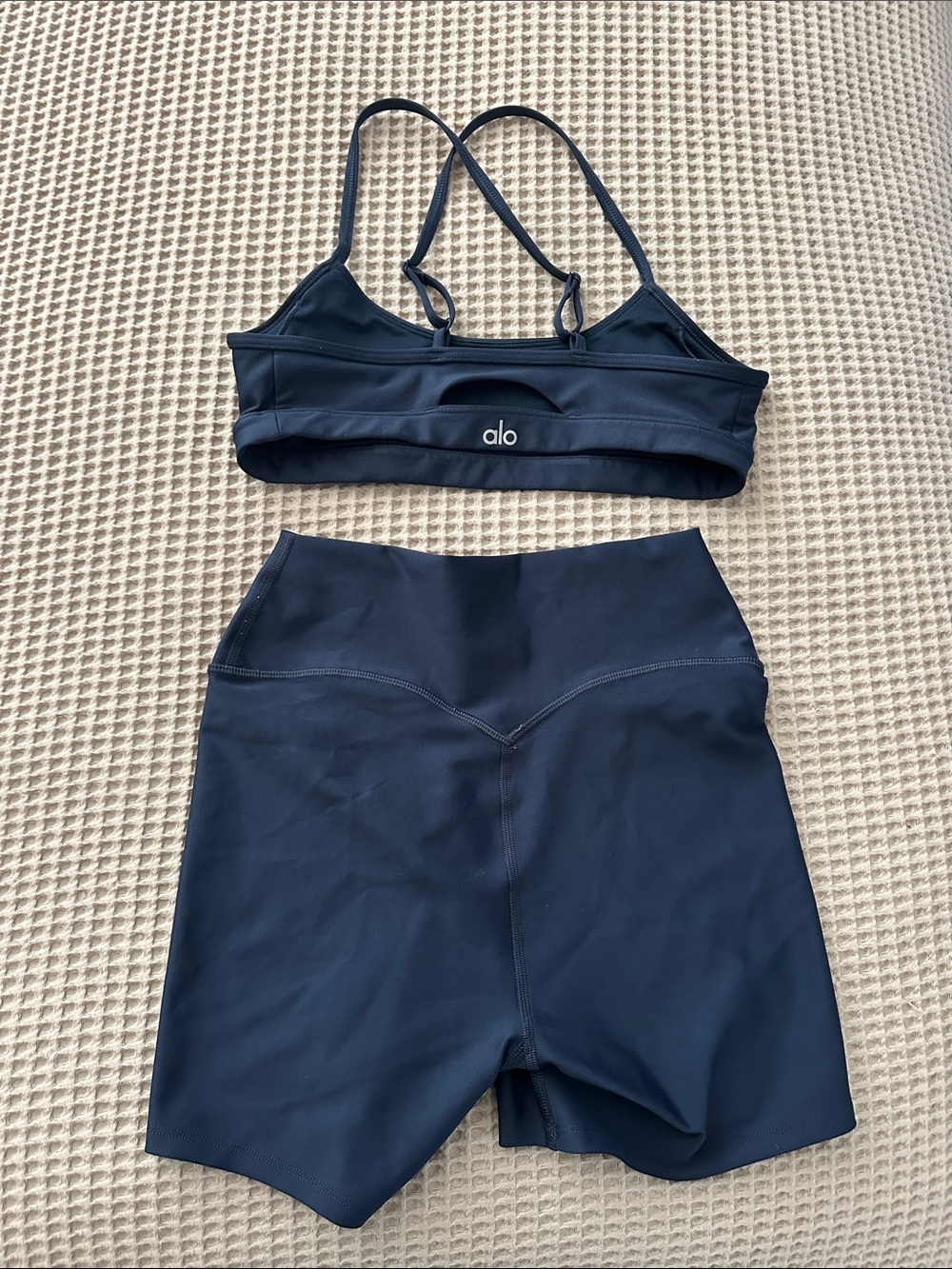 ALO Yoga Navy Blue Sports Bra and High-Waist Shorts Set - Picture 2 of 2